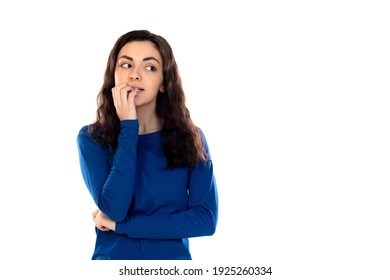 Adorable teenage girl with blue sweater isolated on a white background - Powered by Shutterstock