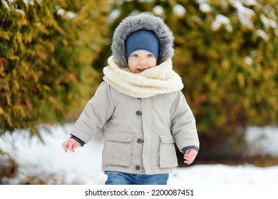 Adorable Toddler Boy Having Fun In A Backyard On Snowy Winter Day. Cute Child Wearing Warm Clothes Playing In A Snow. Winter Activities For Family With Kids.