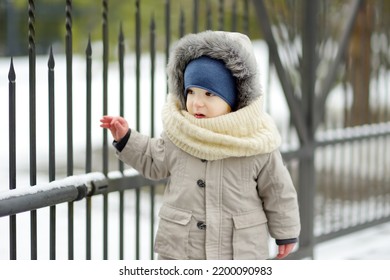 Adorable Toddler Boy Having Fun In A Backyard On Snowy Winter Day. Cute Child Wearing Warm Clothes Playing In A Snow. Winter Activities For Family With Kids.