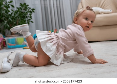 Adorable toddler explores a cozy living room by crawling on a soft rug, surrounded by vibrant toys and houseplants during evening playtime - Powered by Shutterstock