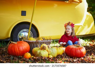 Adorable toddler girl in maple leaves wreath sitting on the ground near many pumpkins. Happy kid celebrating Halloween