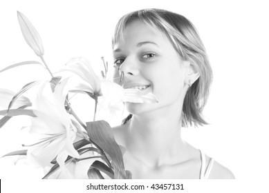 Adorable woman with lilies isolated   - black and white picture