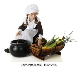 An Adorable Young Pilgrim Girl Preparing Vegetables For The First Thanksgiving.  On A White Background.