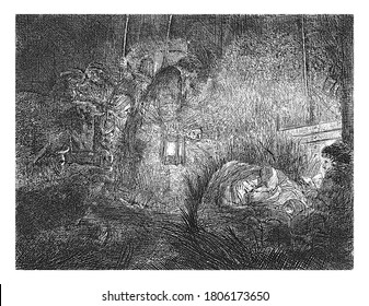 Adoration of the shepherds: night piece, Rembrandt van Rijn, 1807 - 1808, vintage engraving.