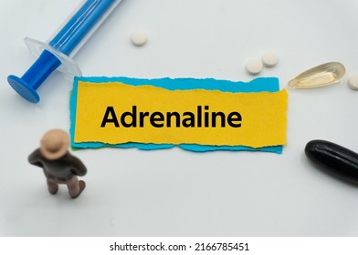 Adrenaline.The word is written on a slip of colored paper. health terms, health care words, medical terminology. wellness Buzzwords. disease acronyms.