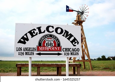 Adrian, Texas - June 13, 2015: A Welcome Sign To The  Halfway Point On Route 66.