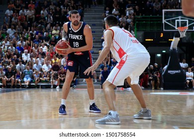 Adrien Moerman Of France And Milko Bjelica Of Montenegro During Friendly Game Basketball Match Between France Vs Montenegro 8,15,2019 Astroballe Lyon France