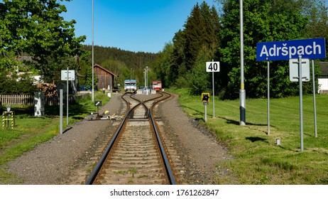 ADRSPACH, CZECH REPUBLIC - JUNE 01, 2020: Blue And Red Czech Railway Trains (class 810) At Adspach Railway Station Near Famous Adršpach-Teplice Rocks.