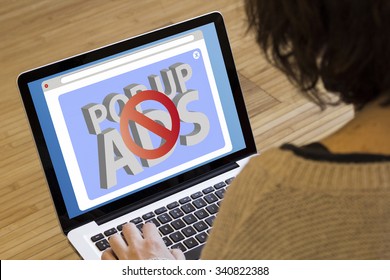 Ads Blocker Concept: Blocked Pop Up On A Laptop Screen. Screen Graphics Are Made Up.