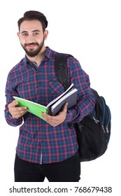 Adult Academic Learner Wearing A Plaid Purple Shirt And Black Trousers Is Holding His Notebooks And Carrying A Backpack. Isolated On White Background.