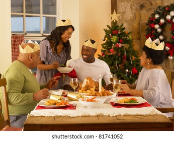 Adult African American Family Having Christmas Dinner