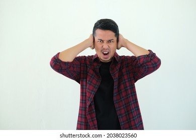 Adult Asian Man Close His Ears With Hand And Showing Angry Face Expression