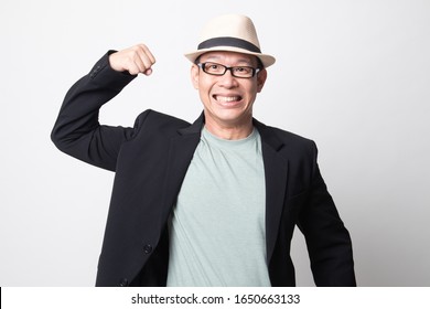 Adult Asian Man  Flex Bicep On White Background