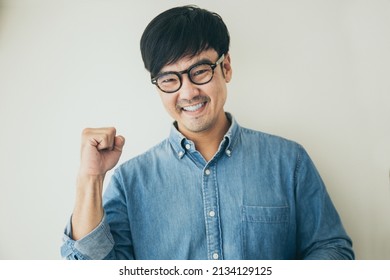 Adult Asian Man.young Male Person Wear Eye Glasses.posing Smiling Laughing Look Excited Surprised Thinking Positive Happy People.empty Space For Text Advertising.white Background.attractive Fashion