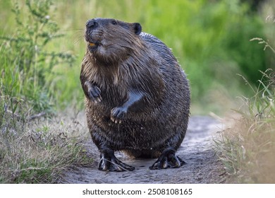 Adult beaver walking up trail on two legs showing teeth