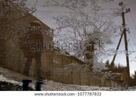 adult blonde woman walk alone along fence tree garage, puddle re