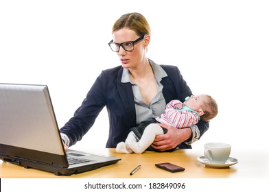 Adult Business Woman Wearing A Costume And Supplied Her Newborn Daughter In The Office Workplace, Isolated Against A White Background.