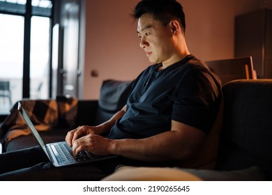 Adult Calm Asian Man Sitting On Sofa With Laptop And Working In Dark Room At Home