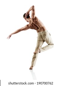 Adult Caucasian Male Dancer Wearing Beige Pants. Image Is Isolated On A White Background.