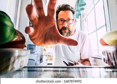 Adult Caucasian Man Take Healthy Food From An Open Fridge - Closeup Inside View - Weight Loss Concept -  Home Activity In The Kitchen - Quarantine Coronavirus People Concept Stay Home