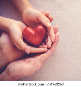 Adult And Child Hands Holding Red Heart, Health Care Love And Family Concept, CSR Responsibility, World Heart Day, Gratitude, Kind, Thankful