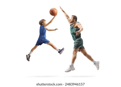 Adult and child playing basketball isolated on white background

 - Powered by Shutterstock