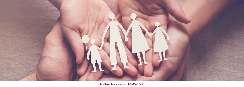 Adult And Children Hands Holding Paper Family Cutout, Family Home, Adoption, Foster Care, Homeless Support, Family Mental Health, Autism Support, Domestic Violence, Social Distancing Concept