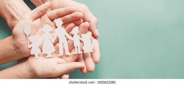 Adult And Children Hands Holding Paper Family Cutout, Family Home, Adoption, Foster Care, Homeless Support, Family Mental Health Concept 