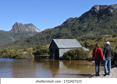 Adult Couple Hiking In Cradle Mountain-Lake St Clair National Park Tasmania, Australia. Real People. Copy Space