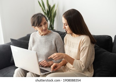 An Adult Daughter Is Teaching To Senior Mother How To Pay Bill Online, Web Searching, Explains To Mature Mom How Use Computer, Helps Send Email