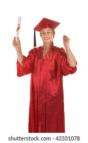 Adult Education - Senior Caucasian Female College Graduate Student With Diploma In Her Hand. Crimson Color Of Gown Indicates Major In Journalism