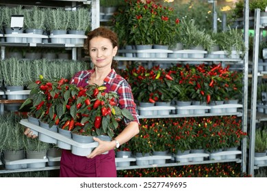 Adult female saleswoman in uniform holding pots of capsicums in flower shop - Powered by Shutterstock