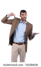 Adult Guy Has Bought A Car And Paid Cash. He Holds His Wallet And Car Key. Isolated On White Background.