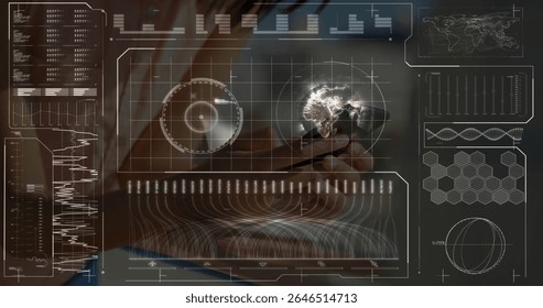 Adult hands in business shirt holding smartphone displaying 3D globe with HUD charts at office desk. Technology, data visualization, futuristic, corporate, innovation, digital interface, professional - Powered by Shutterstock - Get 15% off with code: PIKWIZARD15