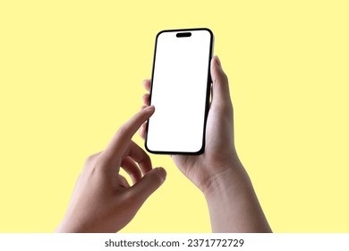 adult hands holding smartphone blank touch screen isolated on  background.