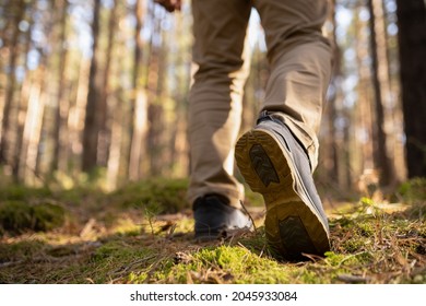 adult hiker person walking in the woods. Speed-hiking shoes closeup. - Shutterstock ID 2045933084