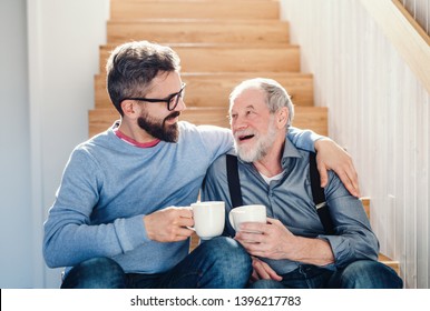 An adult hipster son and senior father sitting on stairs indoors at home, talking. - Shutterstock ID 1396217783