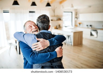 An adult hipster son and senior father indoors at home, hugging.