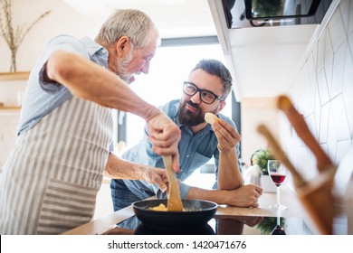 An Adult Hipster Son And Senior Father Indoors At Home, Cooking.