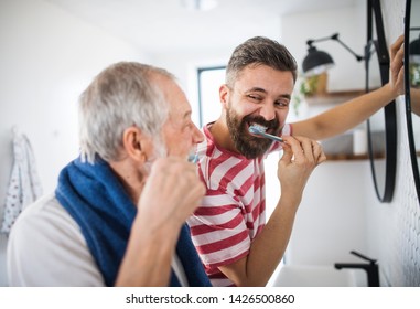 An Adult Hipster Son And Senior Father Brushing Teeth Indoors At Home.