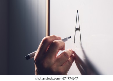 Adult Illiteracy Concept, Man Learning To Write Letter A On Whiteboard