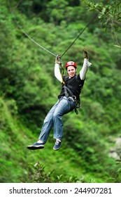 Adult Male Tourist Wearing Casual Clothing On Zip Line Or Canopy Experience In Ecuadorian Rain Forest - Shutterstock ID 244907281