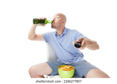 Adult Man With Beer And Chips Watching Tv Isolated On White Background.