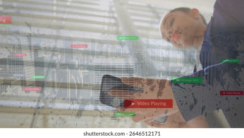Adult man in business suit holding tablet in high-rise office, with digital charts, copy space. Professional, skyscraper, analytics, technology, corporate, data visualization, modern