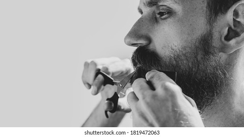 Adult Man Cutting His Own Beard And Mustache With Scissors And Comb. Caucasian Bearded Male Trimming Hair On Face At Home. Do It Yourself Self-made Haircut. Selfcare DIY Monochrome Black & White Color