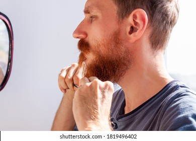 Adult Man Cutting His Own Beard And Mustache With Scissors And Comb. Caucasian Red Bearded Male Trimming Hair On Face At Home. Do It Yourself Self-made Haircut.Selfcare DIY During Quarantine Isolation