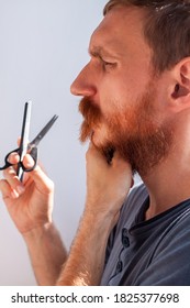 Adult Man Cutting His Own Beard And Mustache With Scissors And Comb. Caucasian Red Bearded Male Trimming Hair On Face At Home. Do It Yourself Self-made Haircut.Selfcare DIY During Quarantine Isolation