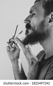 Adult Man Cutting His Own Beard And Mustache With Scissors And Comb. Caucasian Red Bearded Male Trimming Hair On Face At Home. Do It Yourself Self-made Haircut.Selfcare DIY During Quarantine Isolation