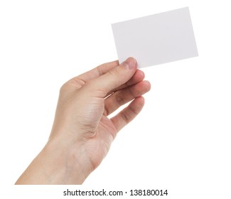 Adult Man Hand Holding Blank Card, Isolated On White