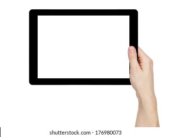 Adult Man Hand Holding Generic Tablet Pc With White Screen, Isolated On White